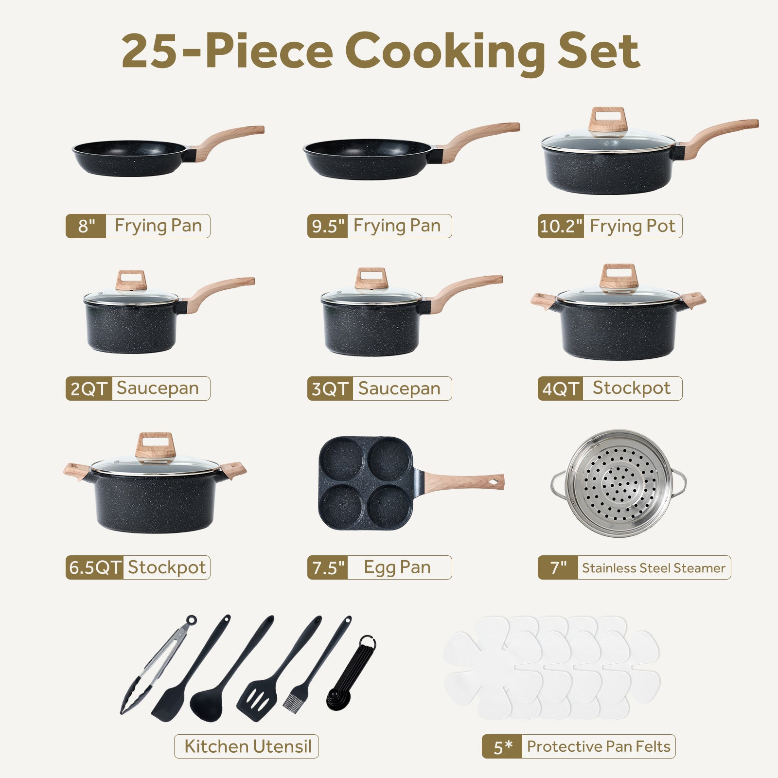 Warebay 17 & 25PCS Complete Nonstick Cookware Set with Aluminum Pots & Pans
