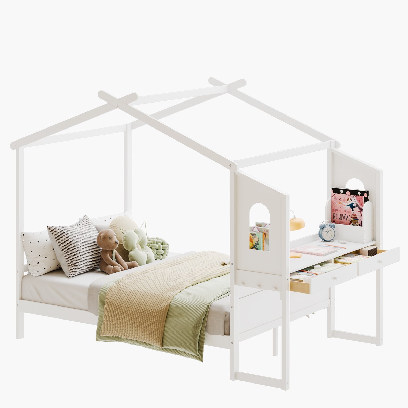 White Wooden House Bed Frame with Desk