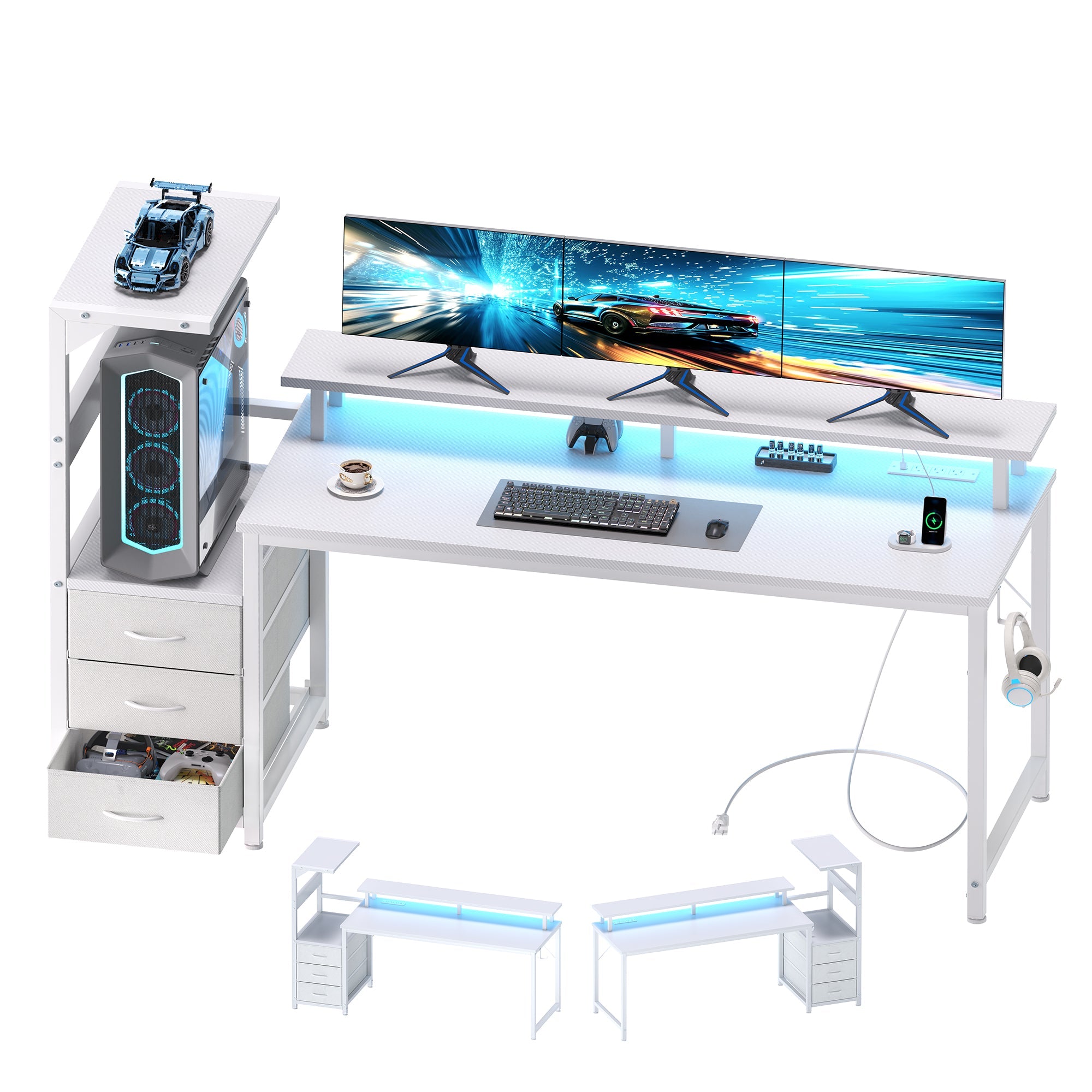 LED Computer Desk with Monitor Stand & Drawers