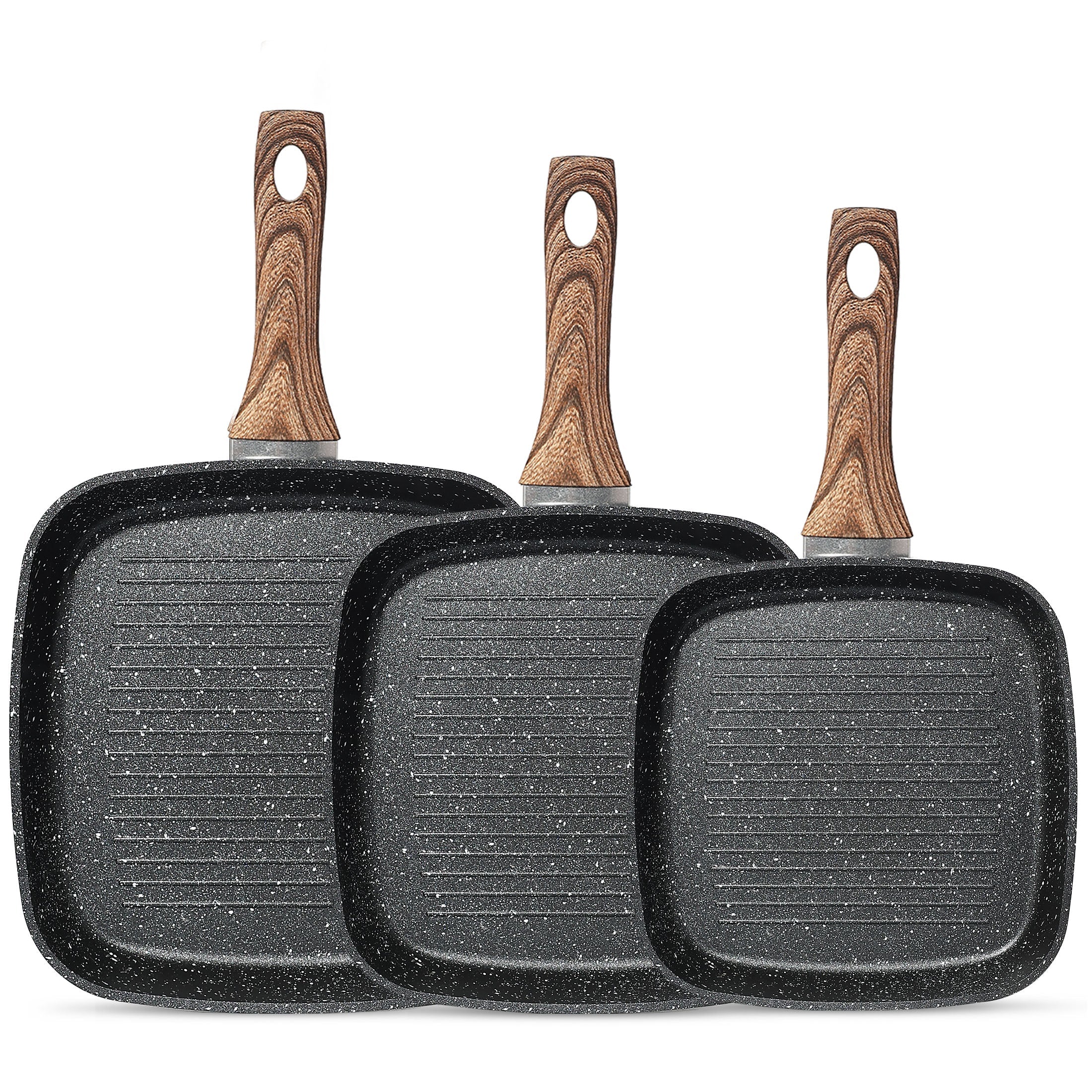 Square Nonstick Frying Pan Set Wooden Handle
