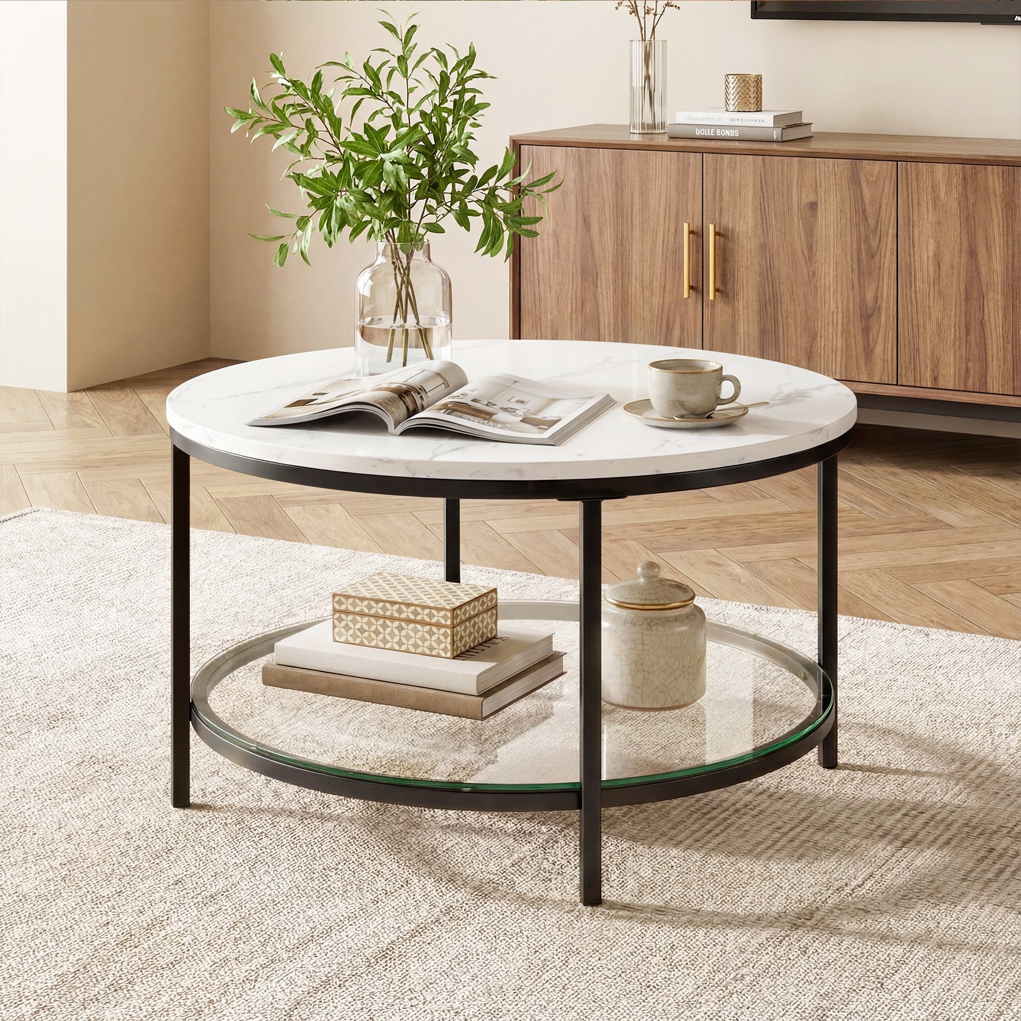 Round Faux Marble Top Glass Shelf Coffee Table