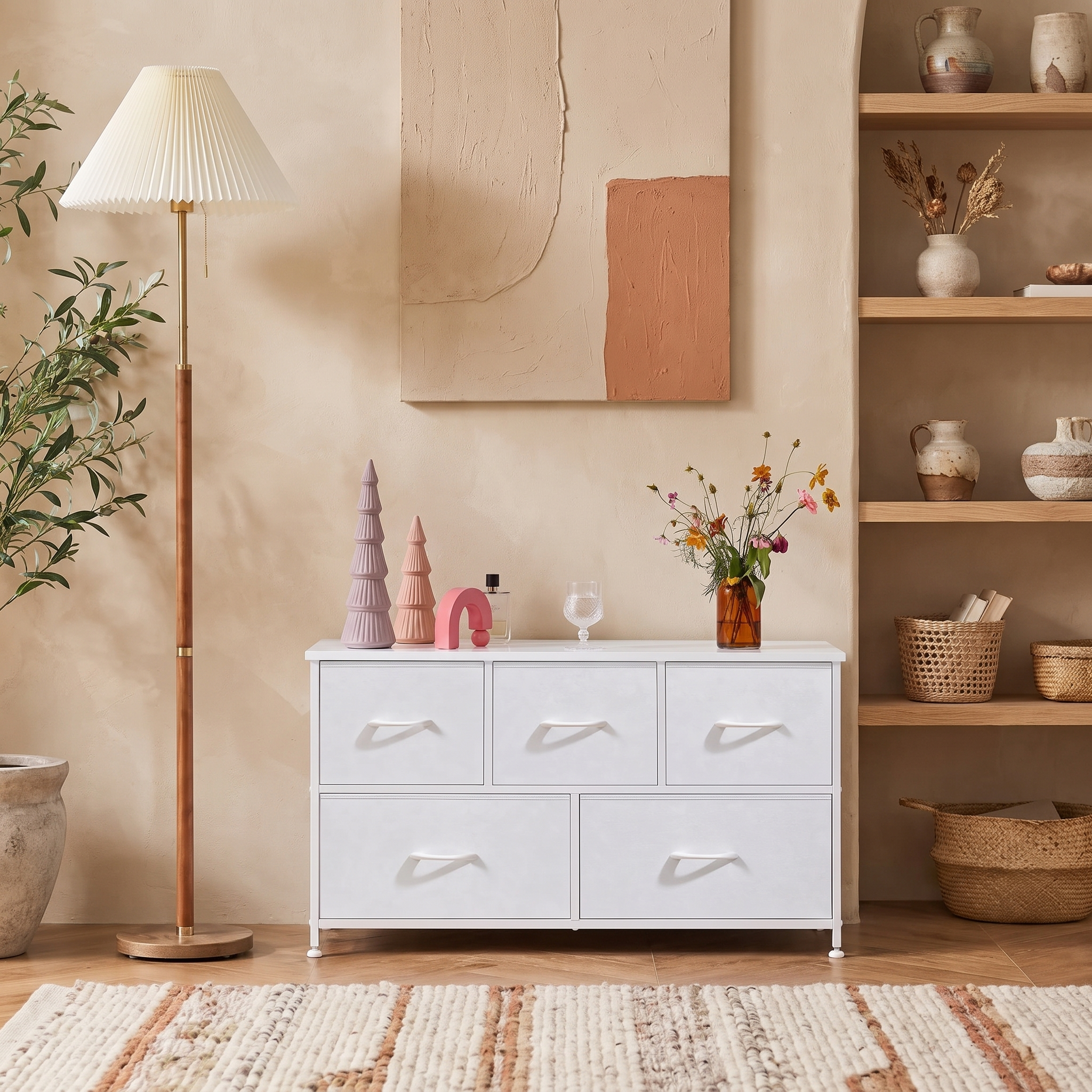 5 Drawer Fabric Dresser with Wood Top for Bedroom