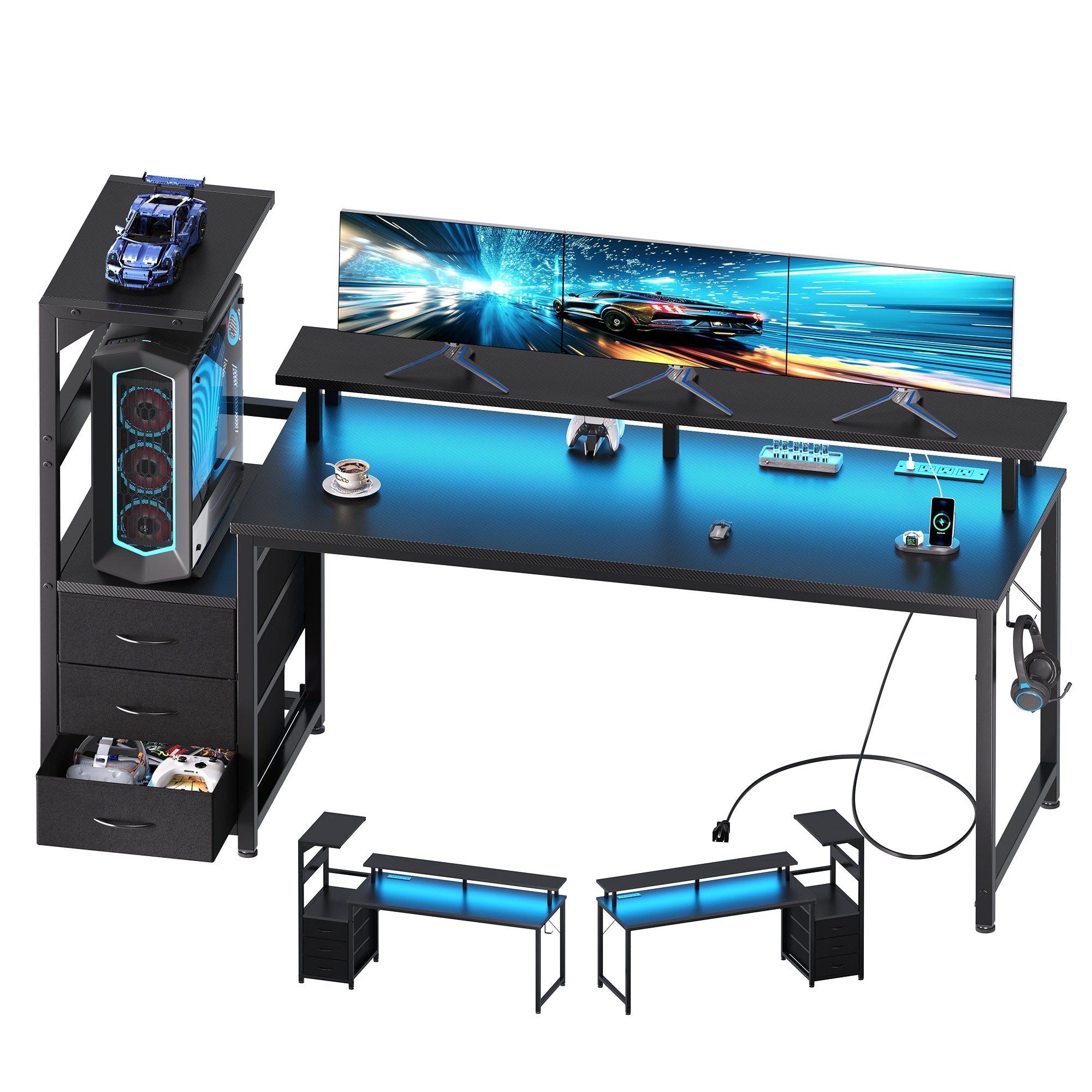 LED Computer Desk with Monitor Stand & Drawers