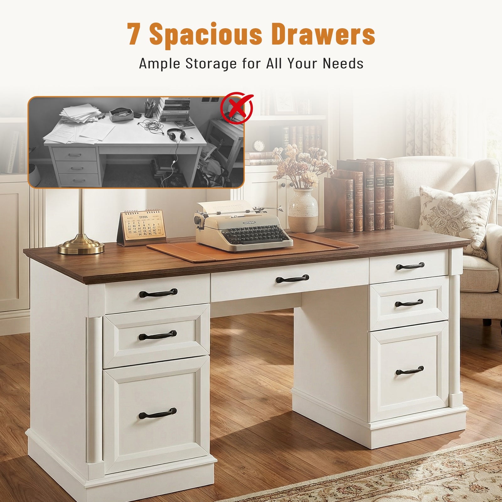 Farmhouse Executive Wood Desk 7 Drawers