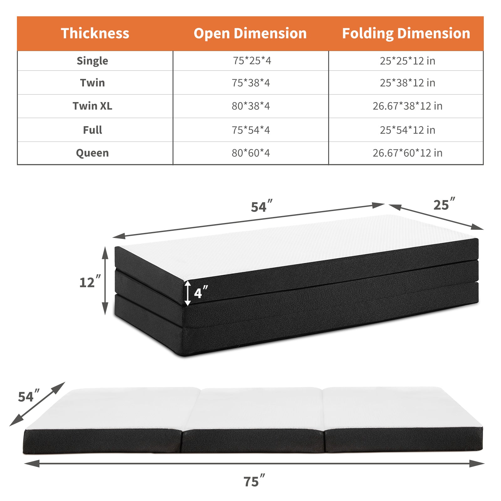 Warebay 3/ 4-Inch Tri-Fold Memory Foam Mattress, Foldable Guest Bed for Bedroom