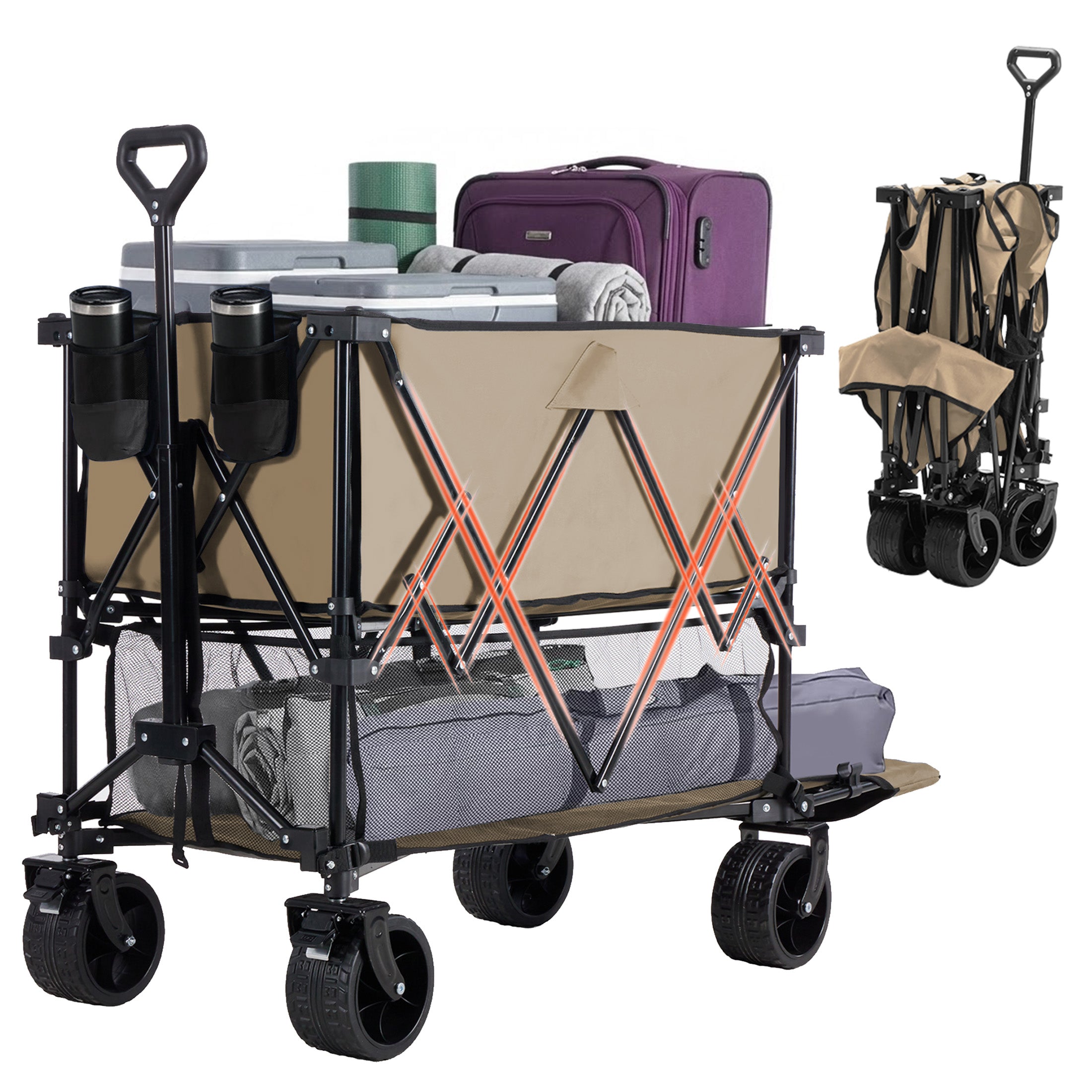 WareBay Double Decker Collapsible Wagon Cart – 440 lbs Capacity, 400L Storage & All-Terrain Wheels, Black