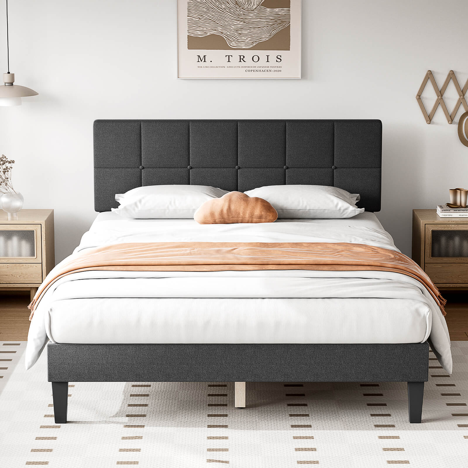 Upholstered Linen Bed Frame with Headboard