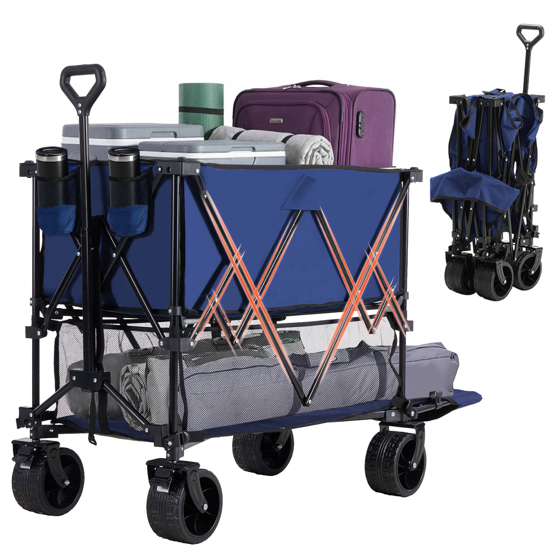 WareBay Double Decker Collapsible Wagon Cart – 440 lbs Capacity, 400L Storage & All-Terrain Wheels, Black