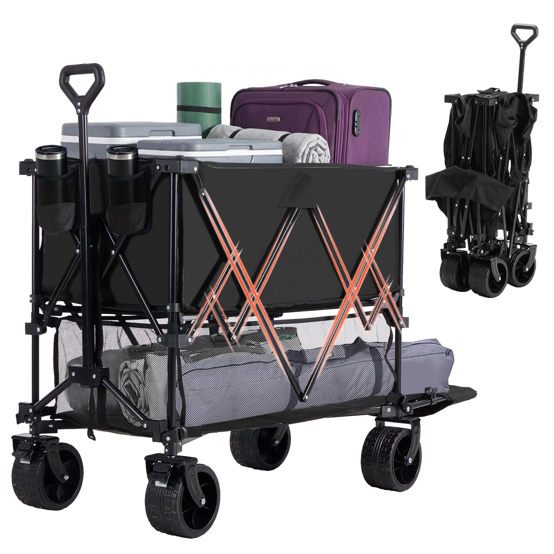 WareBay Double Decker Collapsible Wagon Cart – 440 lbs Capacity, 400L Storage & All-Terrain Wheels, Black