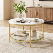 Round Faux Marble Top Glass Shelf Coffee Table