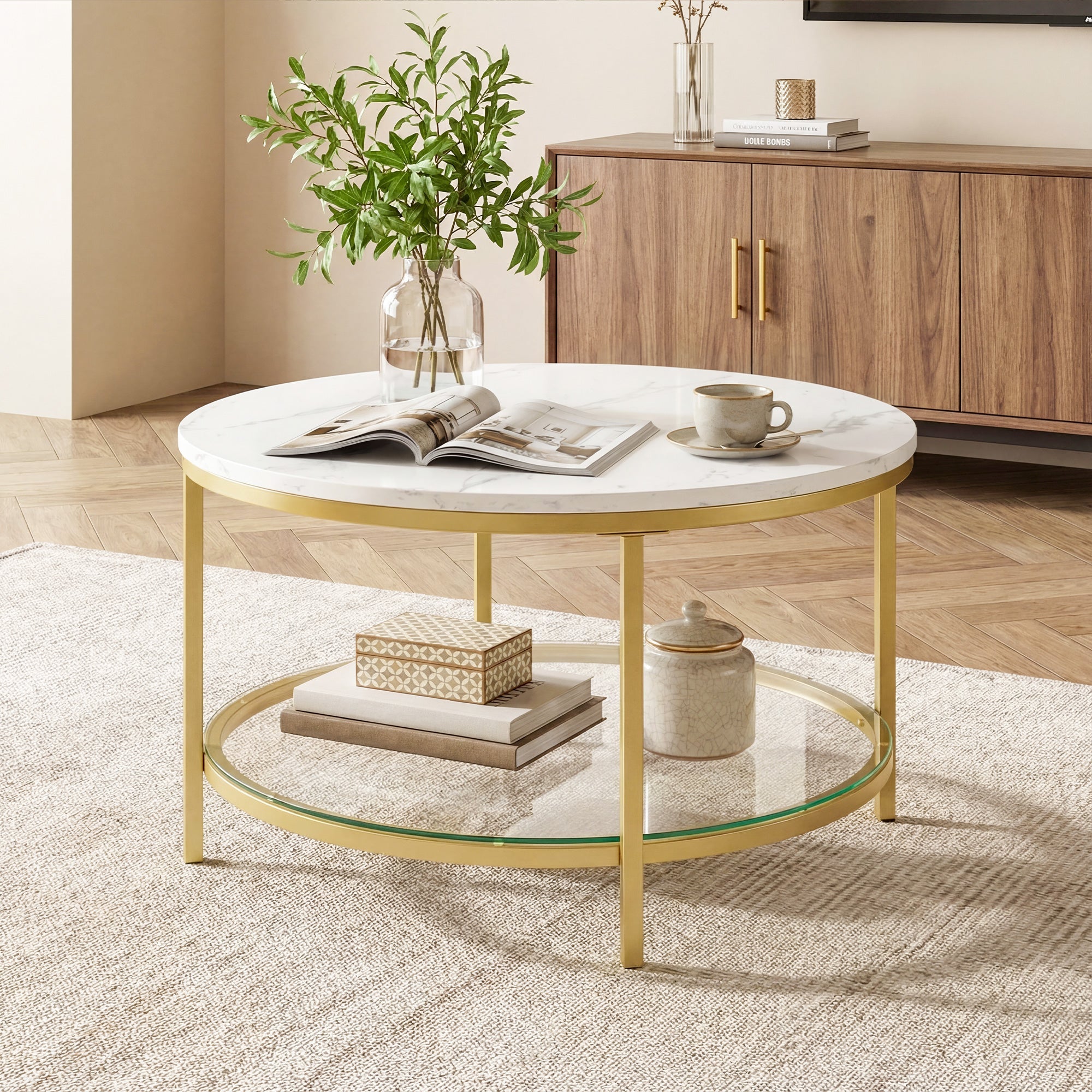 Round Faux Marble Top Glass Shelf Coffee Table