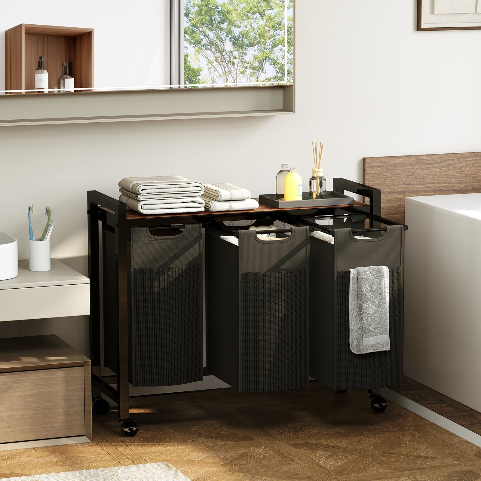 WareBay Laundry Hamper with Removable Bags, Shelf & Wheels – 1 to 4 Basket Sorter