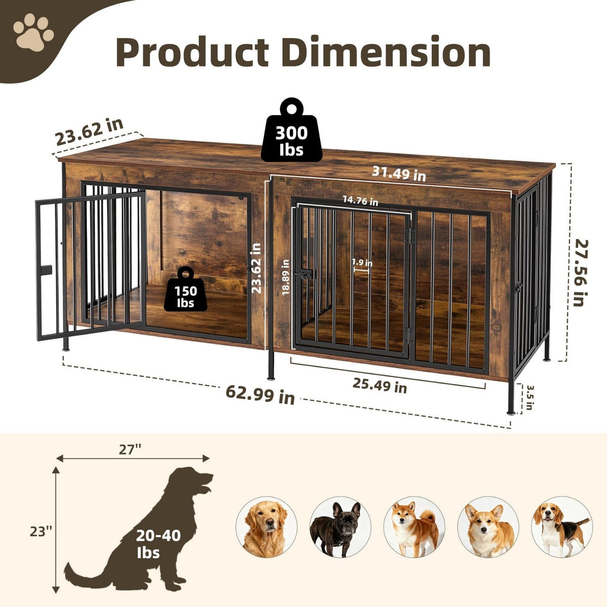 Heavy Duty Double Dog Crate with Divider for 2 Dogs | Indoor Wooden Dog Kennel TV Stand & End Table