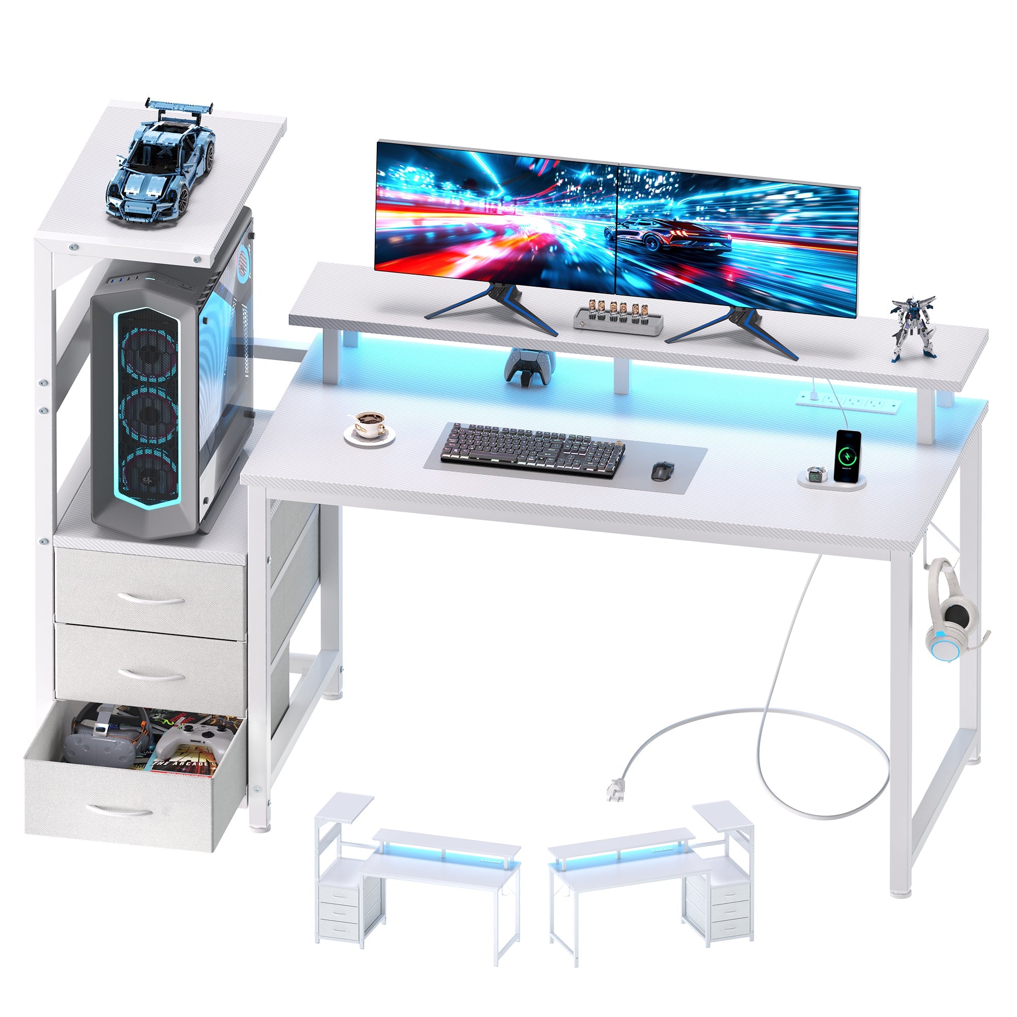 LED Computer Desk with Monitor Stand & Drawers