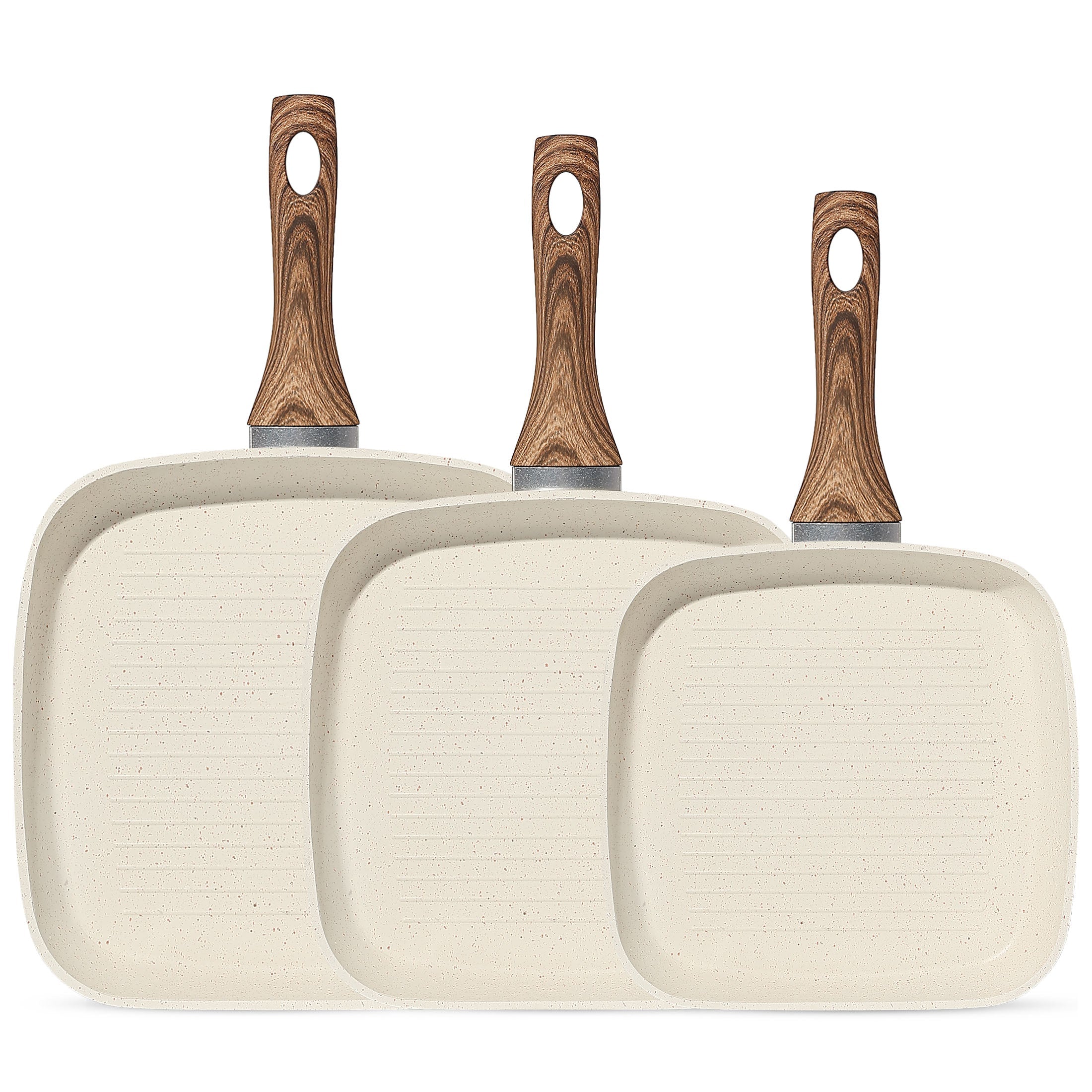 Square Nonstick Frying Pan Set Wooden Handle