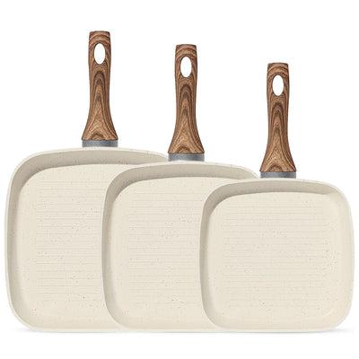 Square Nonstick Frying Pan Set Wooden Handle