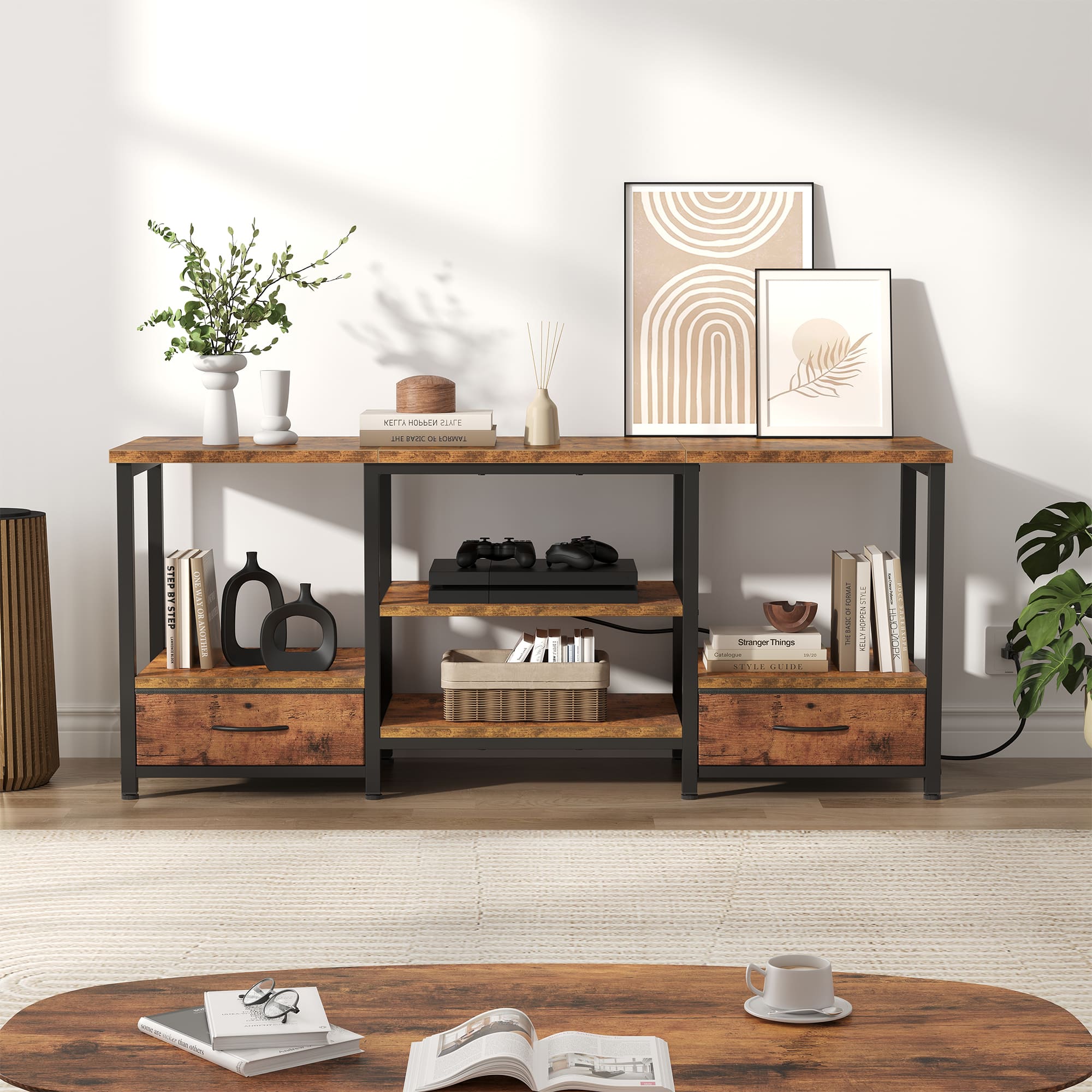 Brown Wood TV Stand with Fabric Drawers