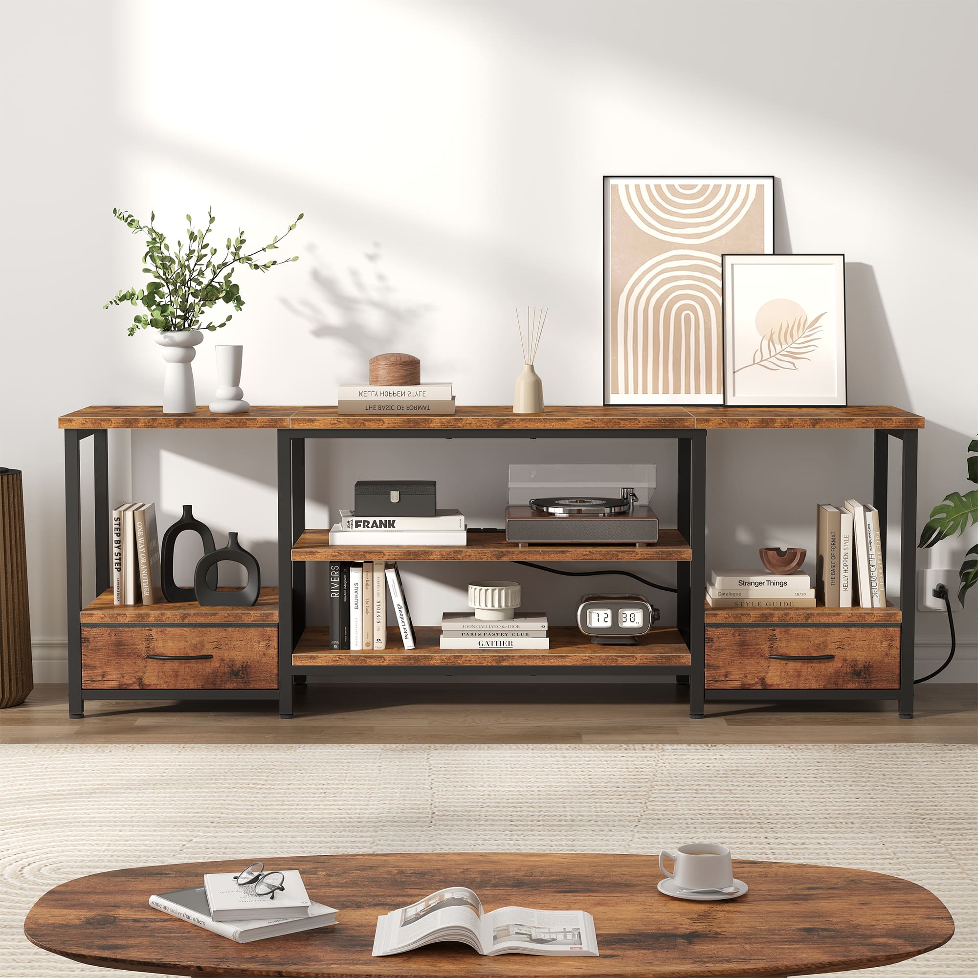 Brown Wood TV Stand with Fabric Drawers