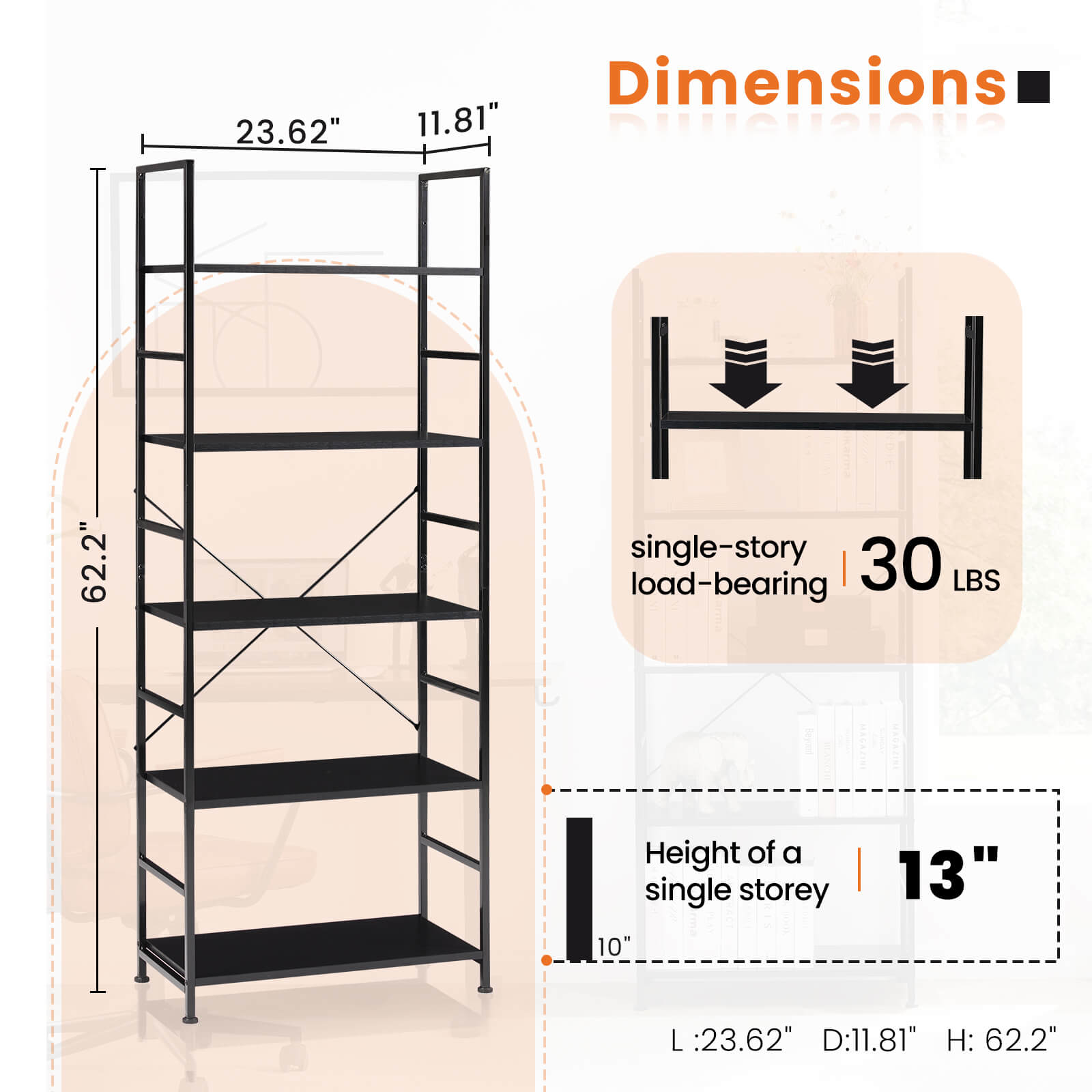 5-Tier Black Metal Bookcase