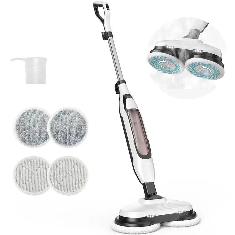 Hard Floor Steam Mop with Dual Rotating Heads – 3 Steam Modes, LED Headlights & Washable Pads