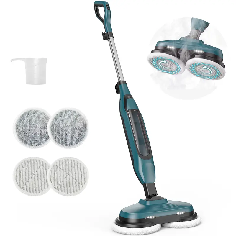 Hard Floor Steam Mop with Dual Rotating Heads – 3 Steam Modes, LED Headlights & Washable Pads