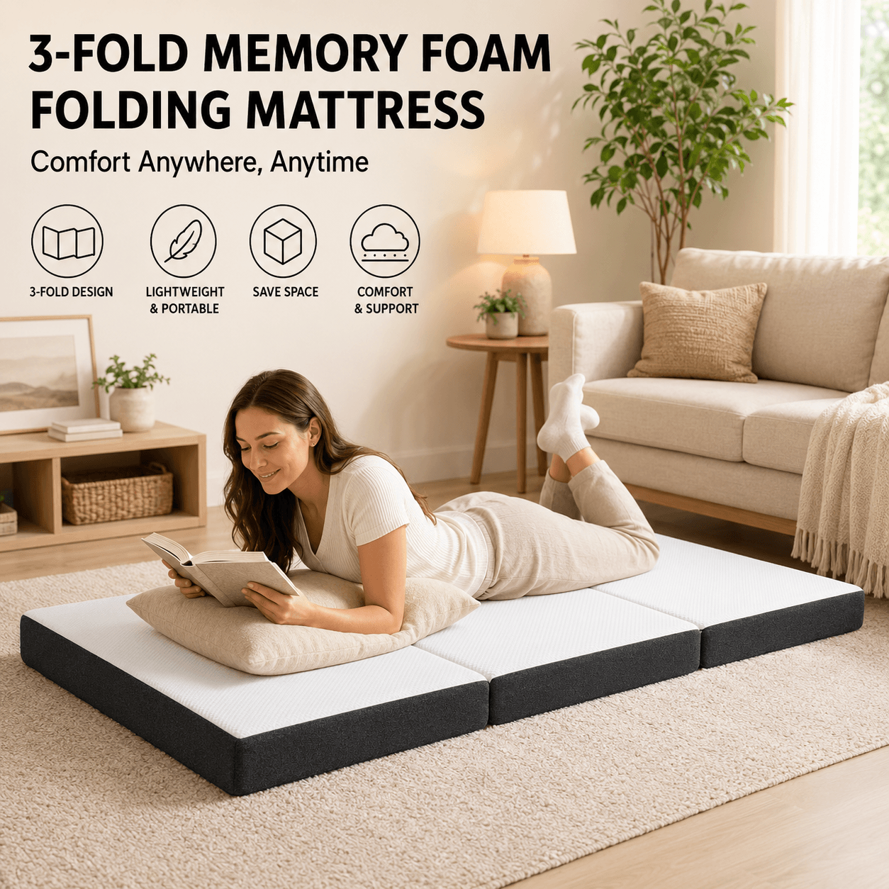 Warebay 3/ 4-Inch Tri-Fold Memory Foam Mattress, Foldable Guest Bed for Bedroom