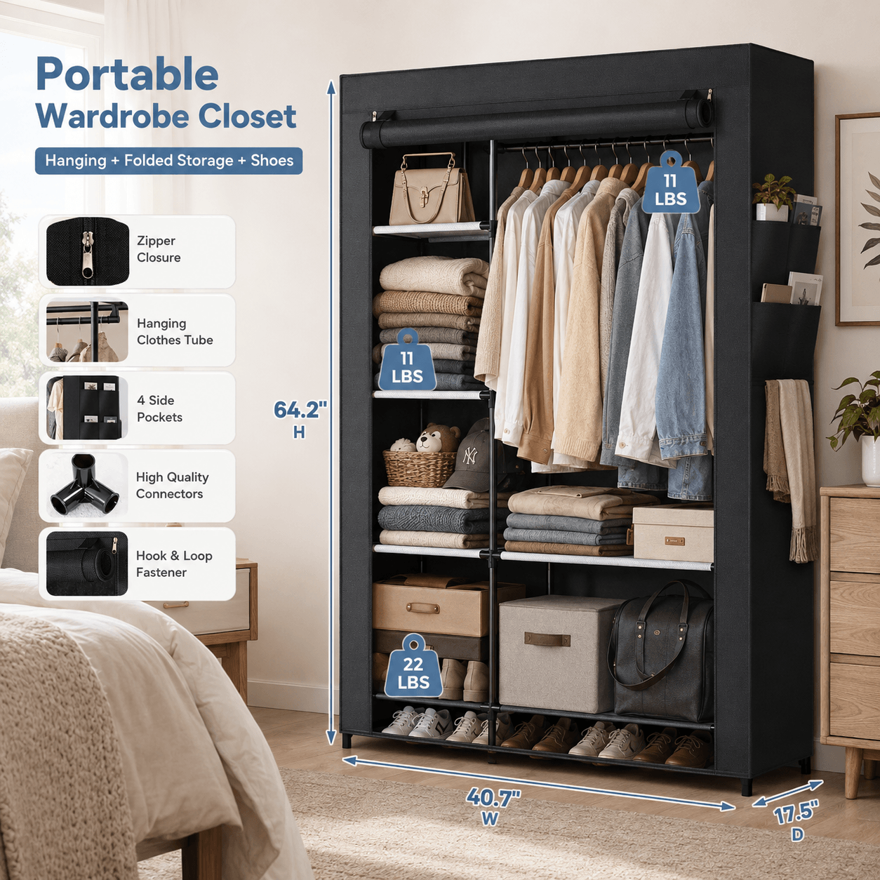 WareBay Portable Wardrobe with Dustproof Cover – Freestanding Clothes Storage Organizer