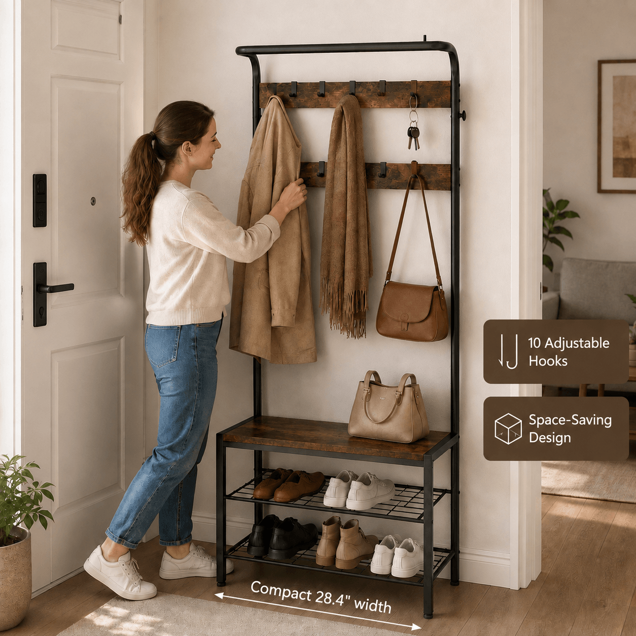 WareBay Entryway Hall Tree | Coat Rack, Shoe Bench & Storage Shelves with Hooks