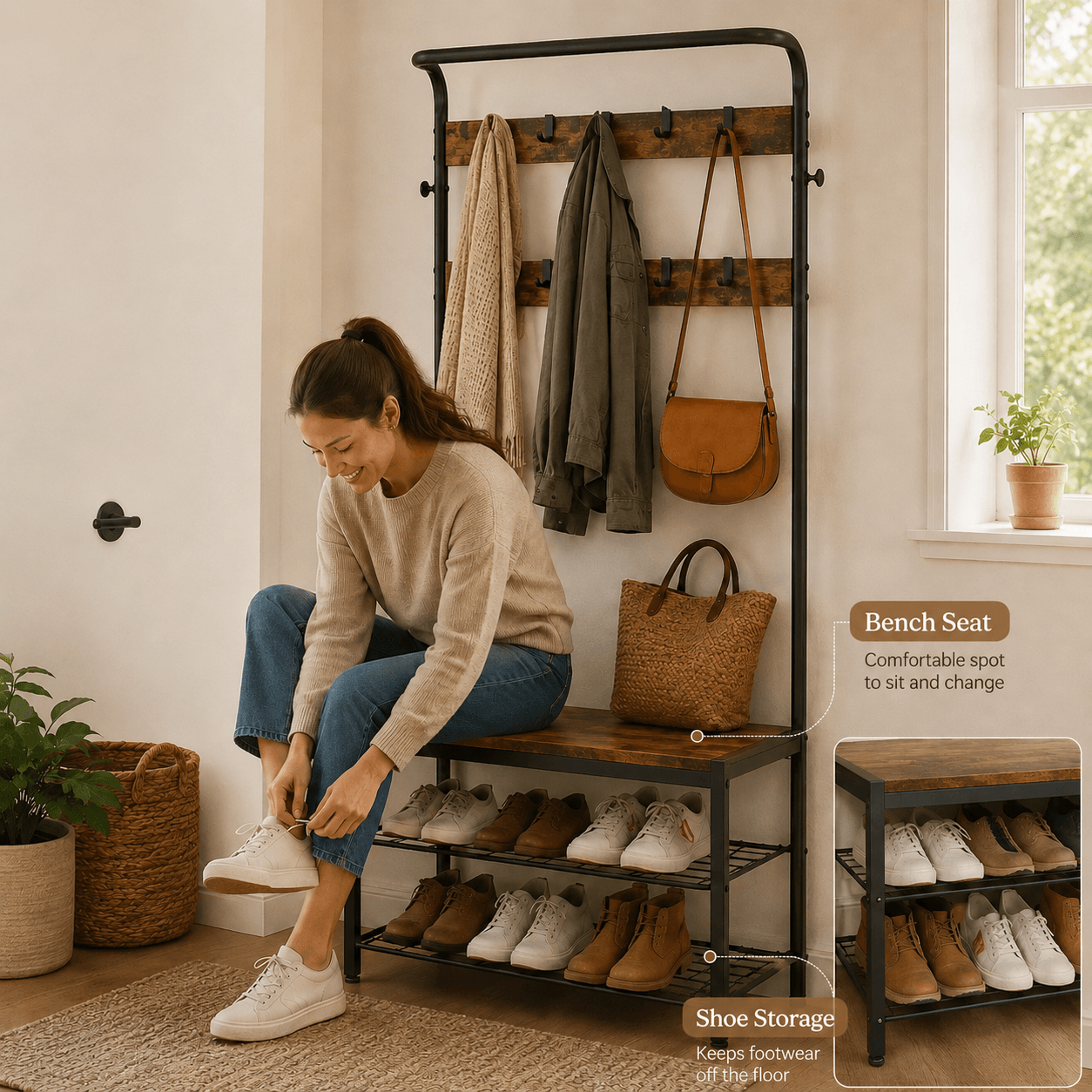 WareBay Entryway Hall Tree | Coat Rack, Shoe Bench & Storage Shelves with Hooks