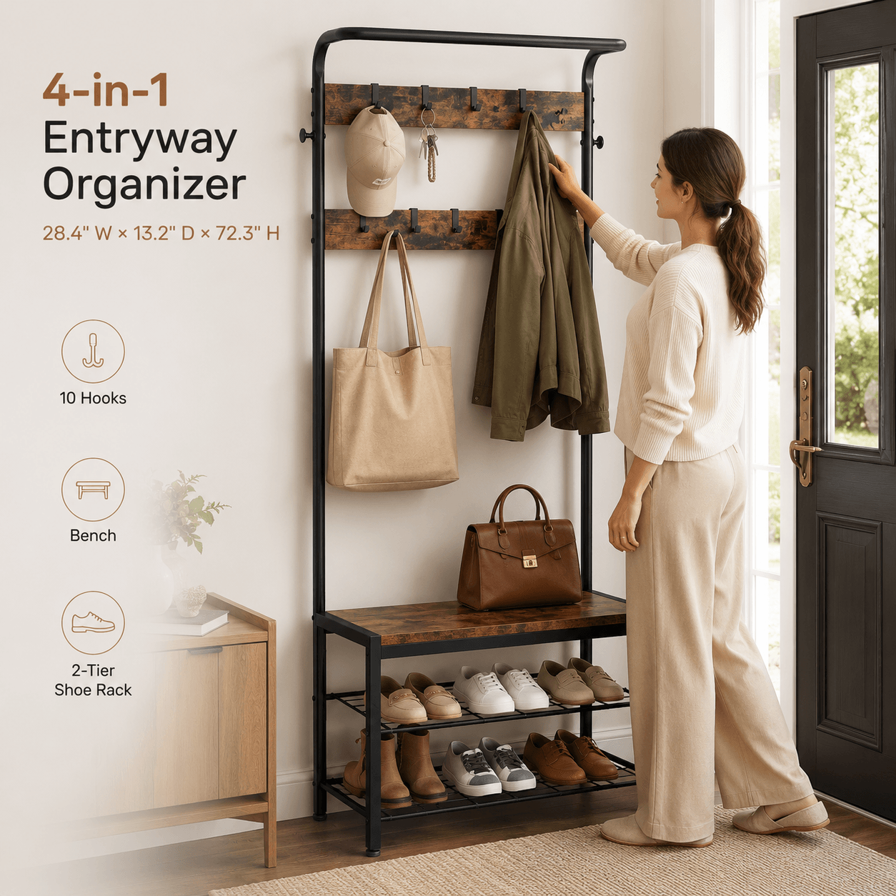 WareBay Entryway Hall Tree | Coat Rack, Shoe Bench & Storage Shelves with Hooks