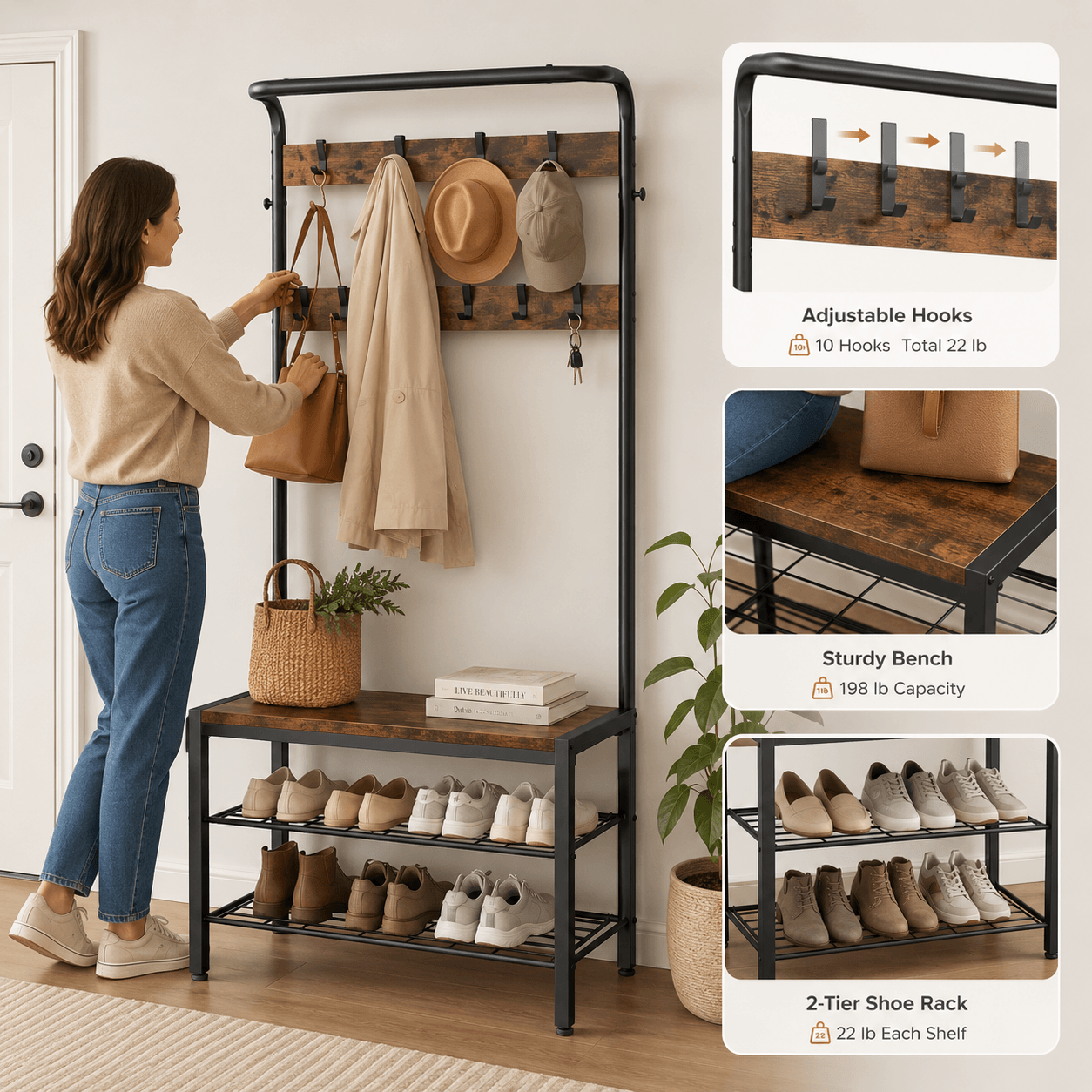 WareBay Entryway Hall Tree | Coat Rack, Shoe Bench & Storage Shelves with Hooks
