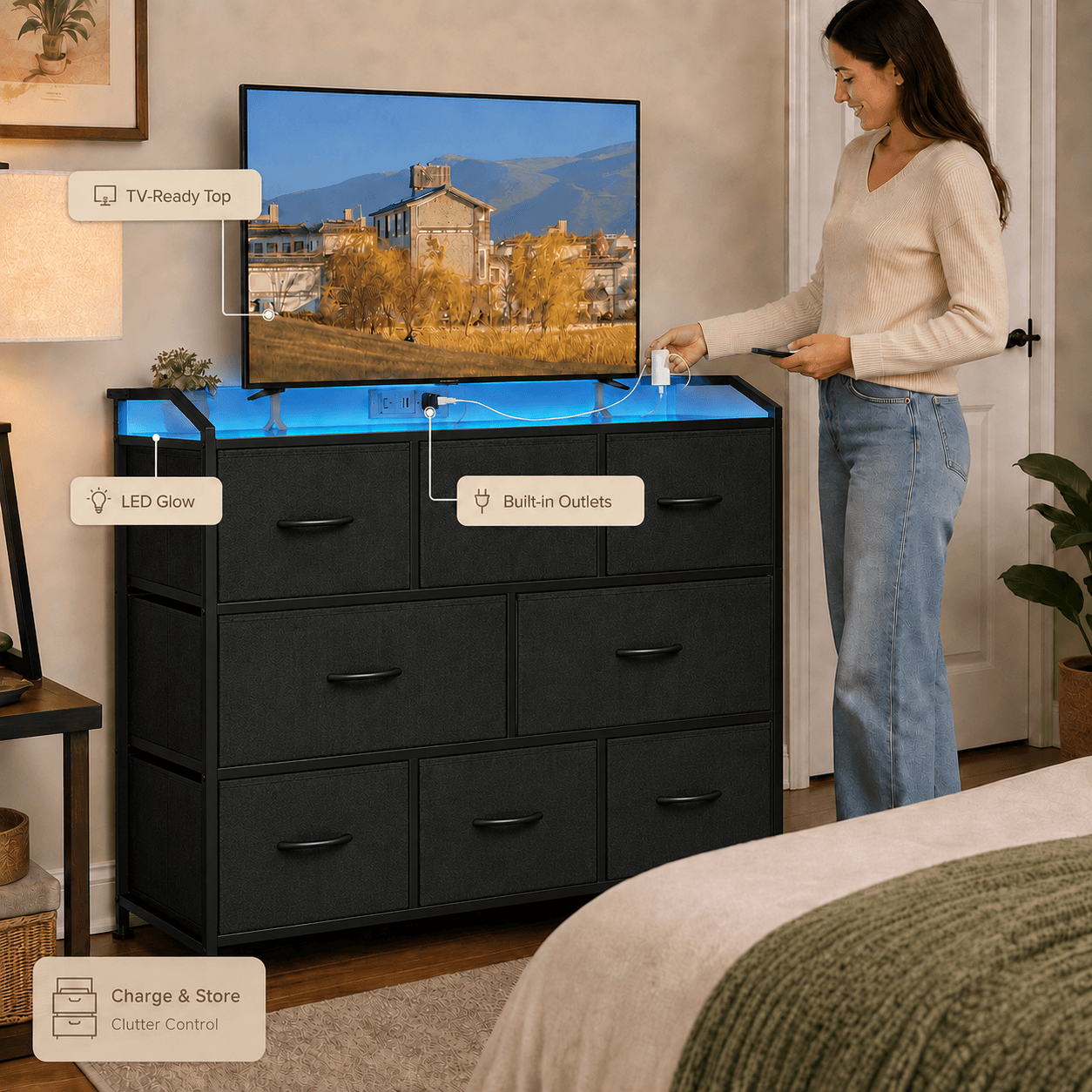 WareBay TV Stand with LED Lights & Power Outlets | 8-Drawer Fabric Storage Cabinet