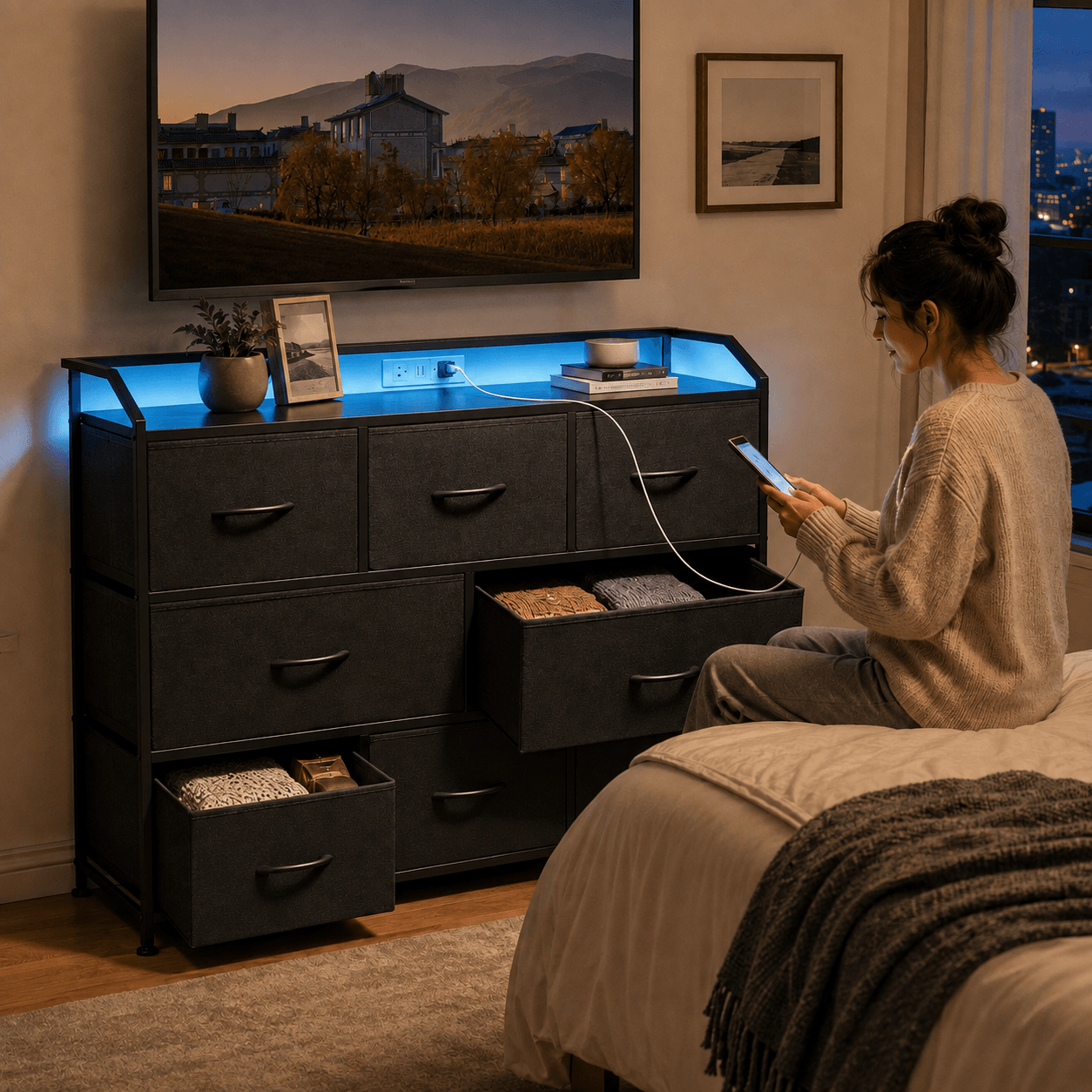 WareBay TV Stand with LED Lights & Power Outlets | 8-Drawer Fabric Storage Cabinet