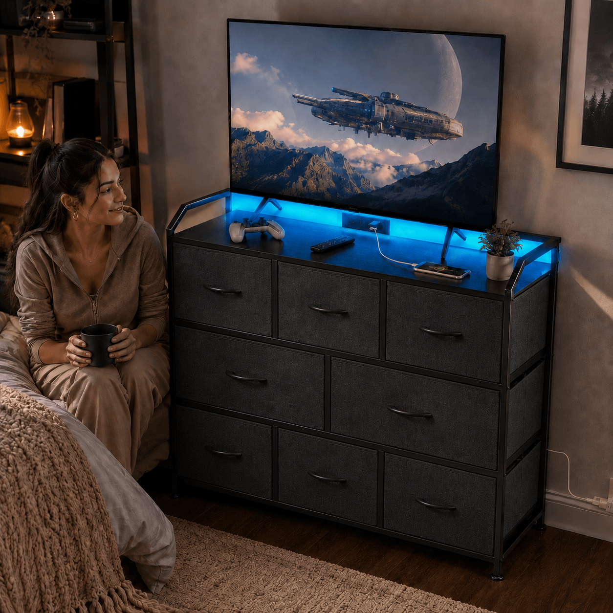 WareBay TV Stand with LED Lights & Power Outlets | 8-Drawer Fabric Storage Cabinet