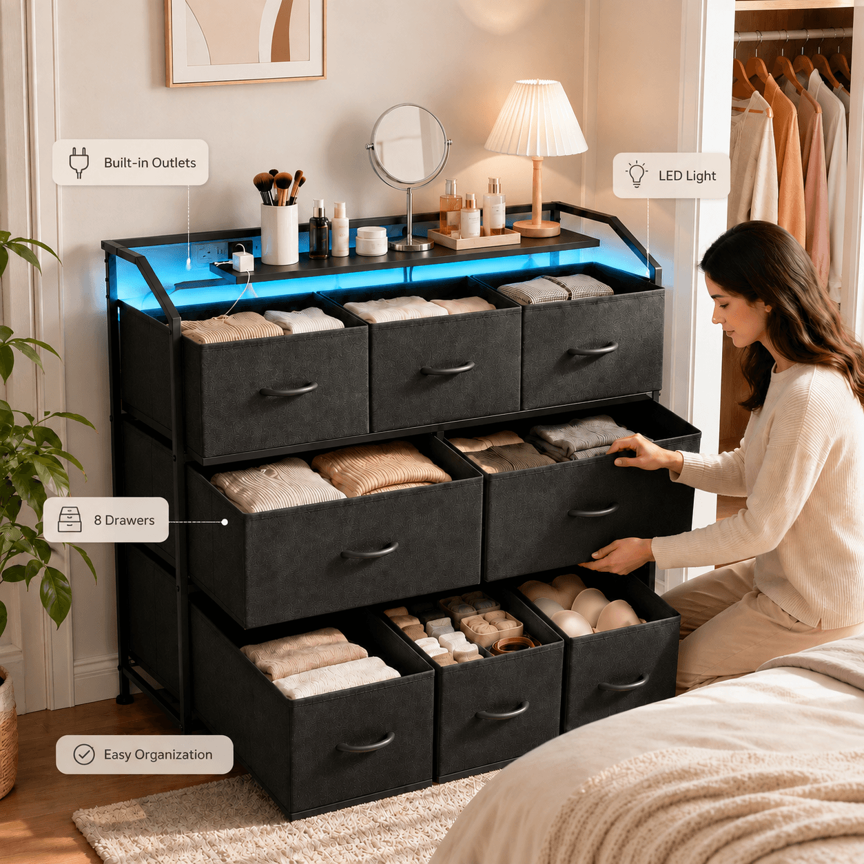 WareBay TV Stand with LED Lights & Power Outlets | 8-Drawer Fabric Storage Cabinet