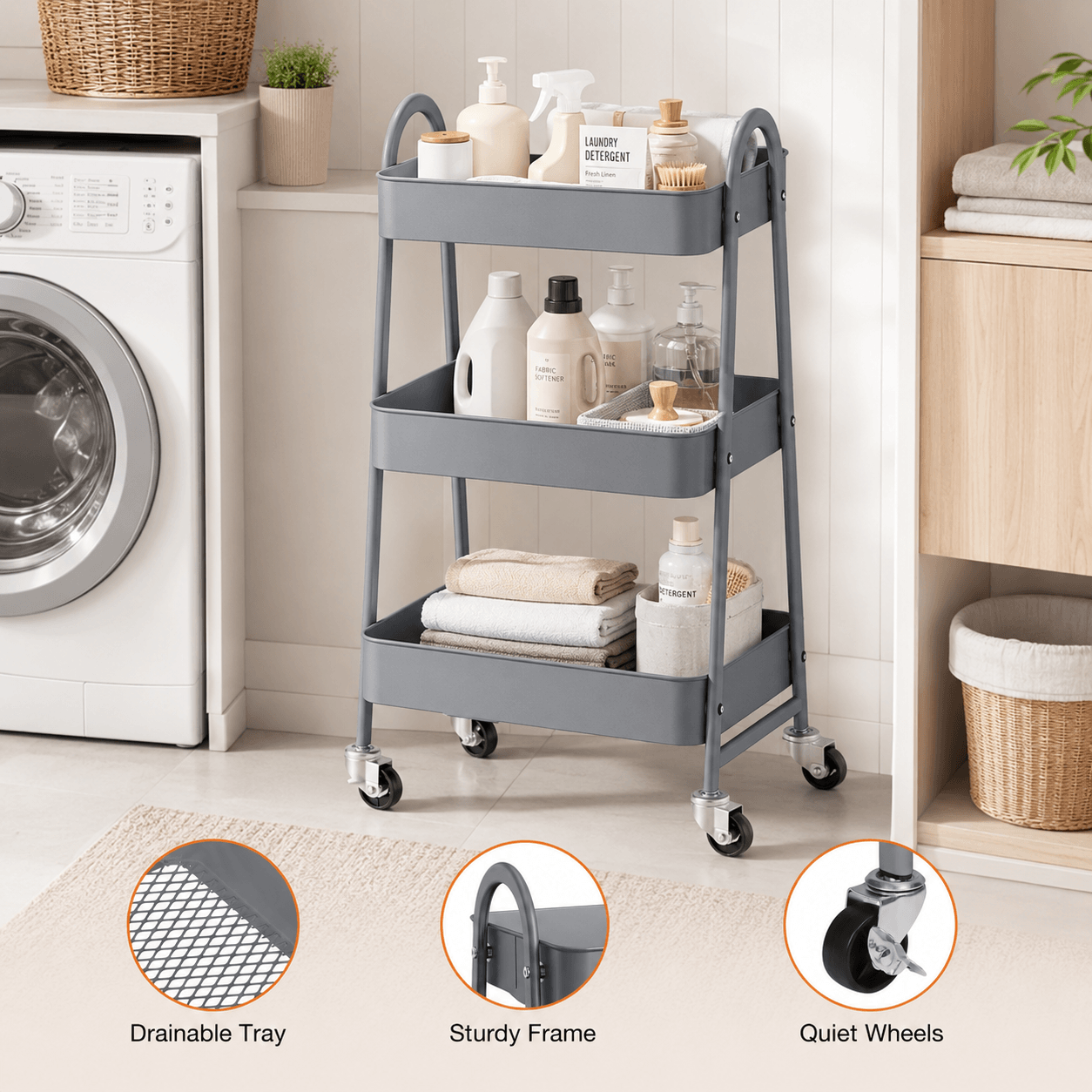 WareBay 3-Tier Rolling Cart | Metal Storage Organizer with Locking Wheels for Kitchen & Bathroom