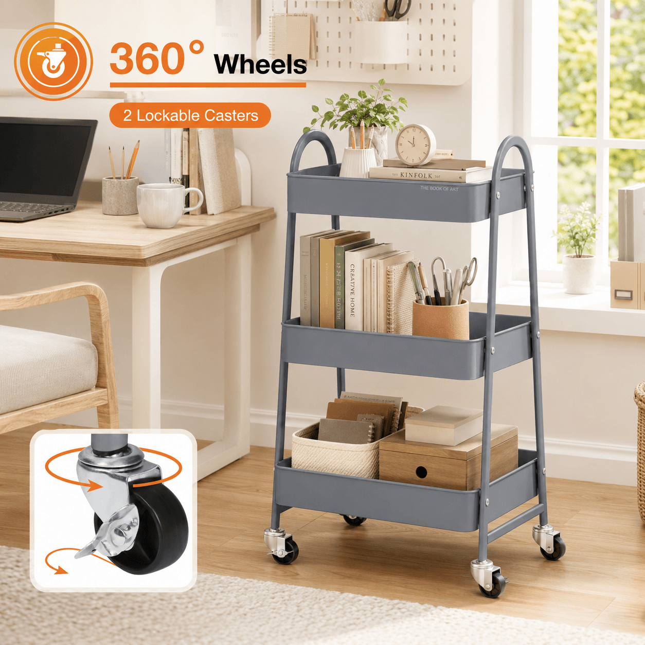 WareBay 3-Tier Rolling Cart | Metal Storage Organizer with Locking Wheels for Kitchen & Bathroom
