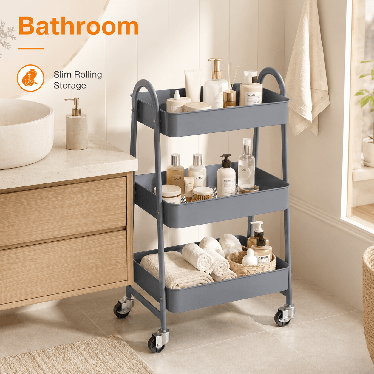 WareBay 3-Tier Rolling Cart | Metal Storage Organizer with Locking Wheels for Kitchen & Bathroom