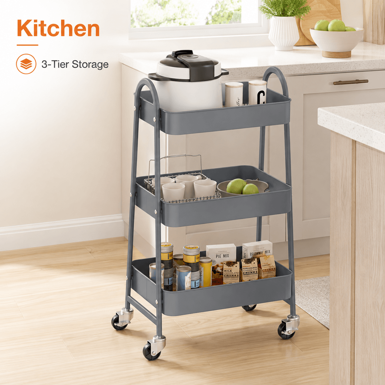 WareBay 3-Tier Rolling Cart | Metal Storage Organizer with Locking Wheels for Kitchen & Bathroom