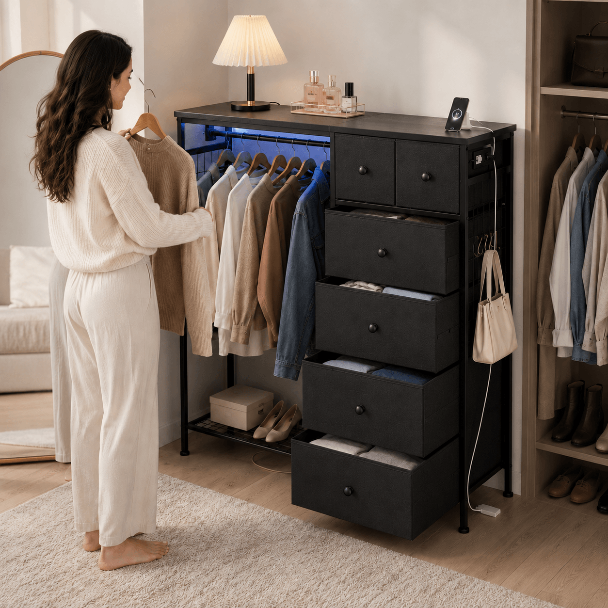 Warebay Fabric Storage Locker with Hanging Rack, LED Lights & Charging Station