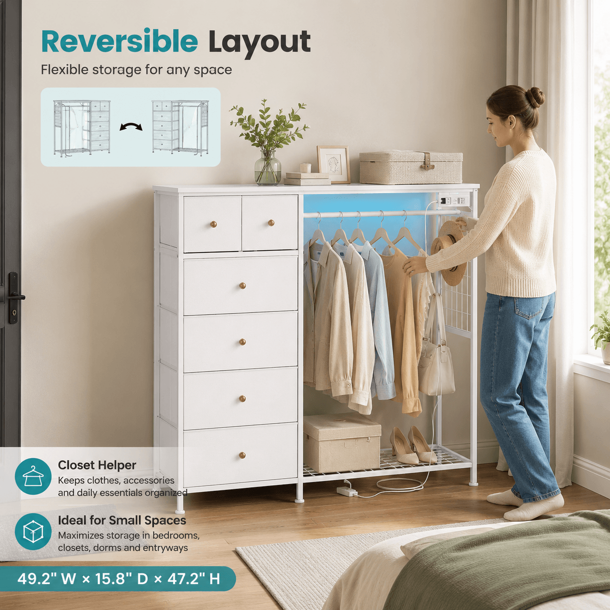 Warebay Fabric Storage Locker with Hanging Rack, LED Lights & Charging Station
