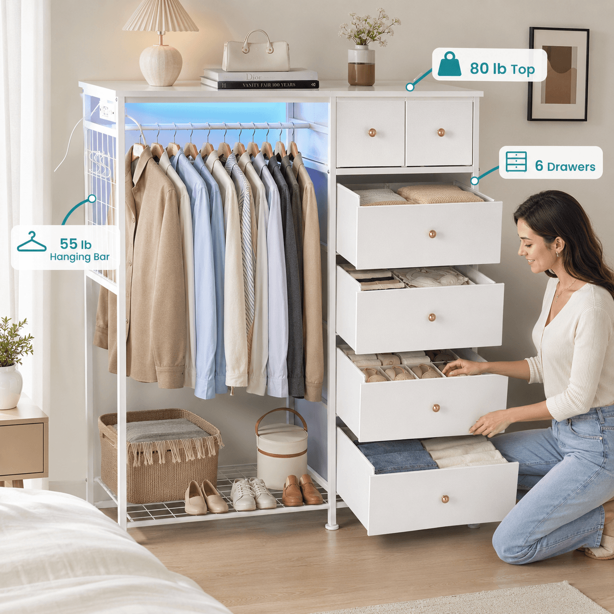 Warebay Fabric Storage Locker with Hanging Rack, LED Lights & Charging Station
