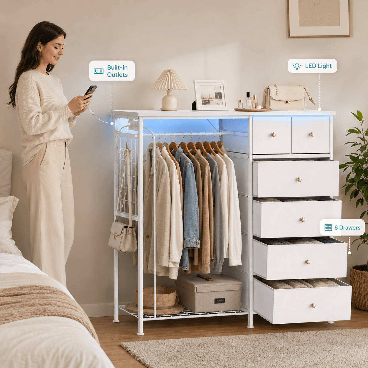 Warebay Fabric Storage Locker with Hanging Rack, LED Lights & Charging Station