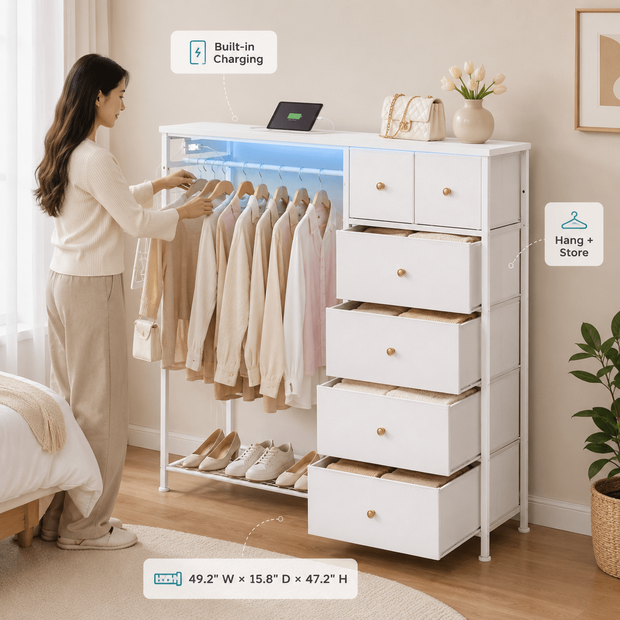 Warebay Fabric Storage Locker with Hanging Rack, LED Lights & Charging Station