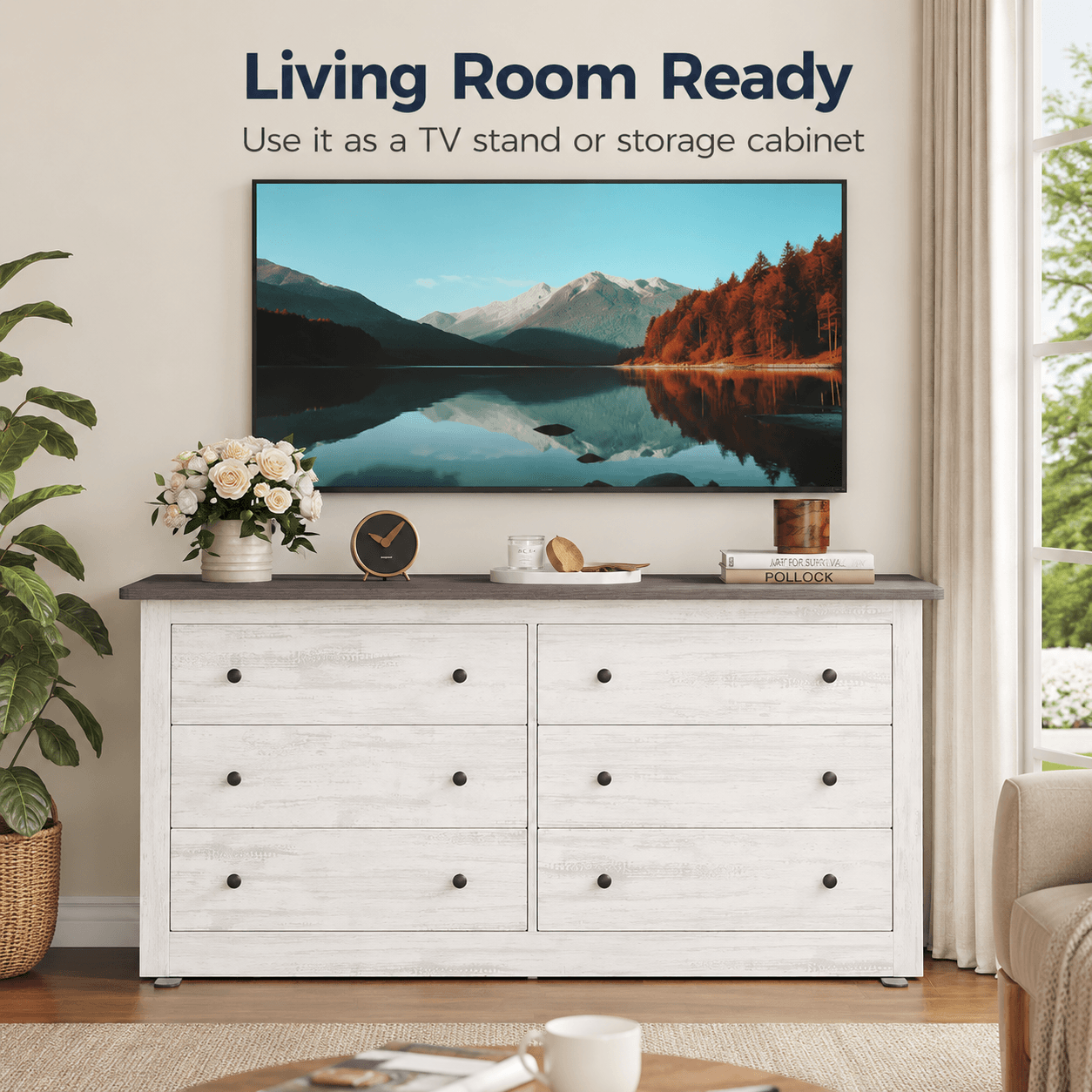 WareBay 59" TV Stand with 6 Drawers – Wooden Entertainment Center with Storage