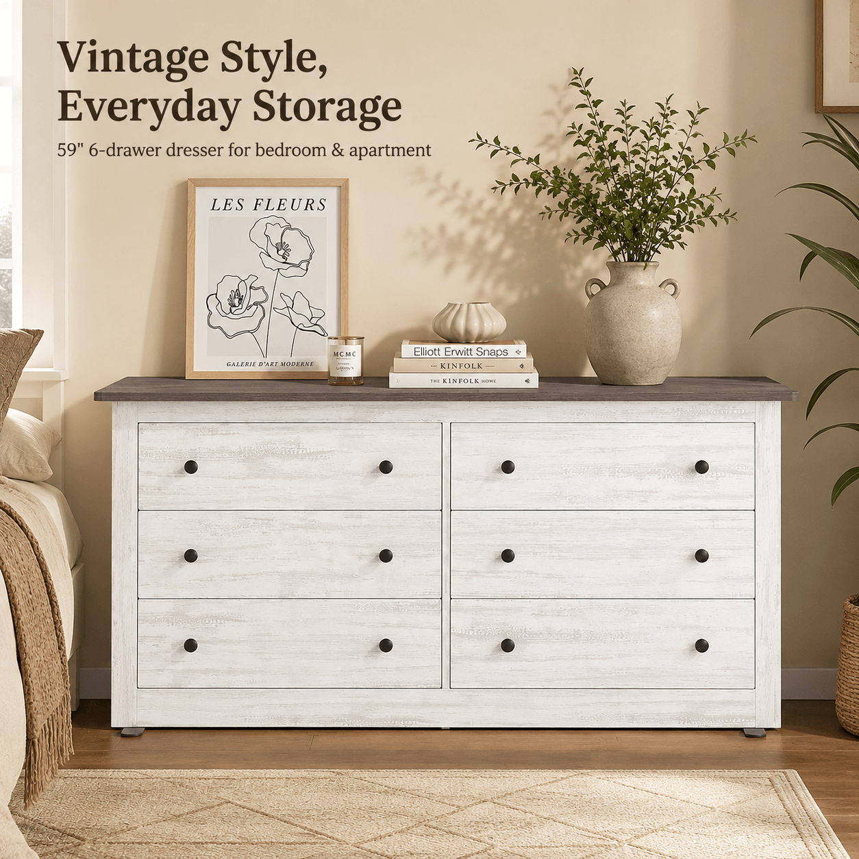 WareBay 59" TV Stand with 6 Drawers – Wooden Entertainment Center with Storage