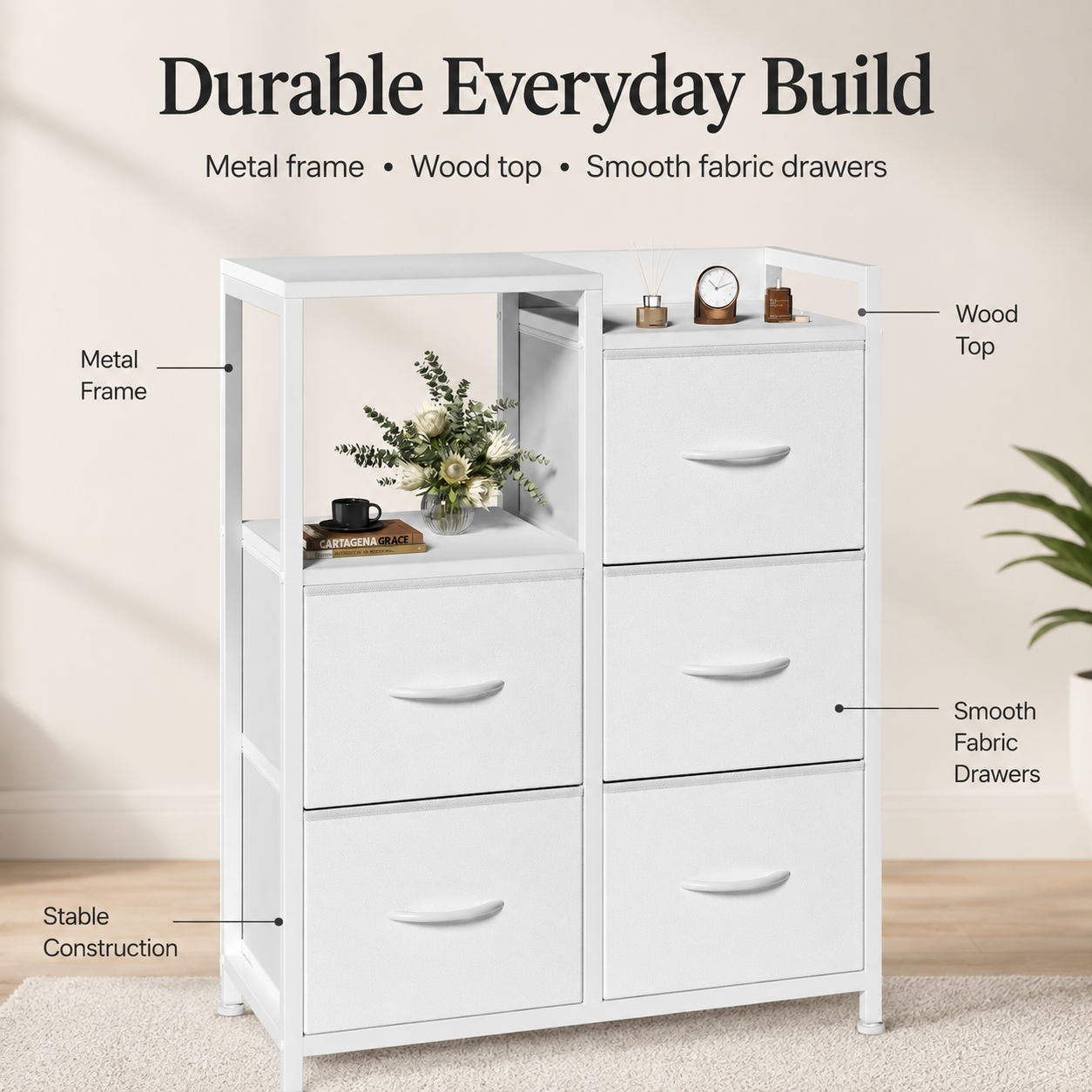 WareBay 5-Drawer Fabric Wardrobe with Double Shelf – Freestanding Bedroom Storage Cabinet