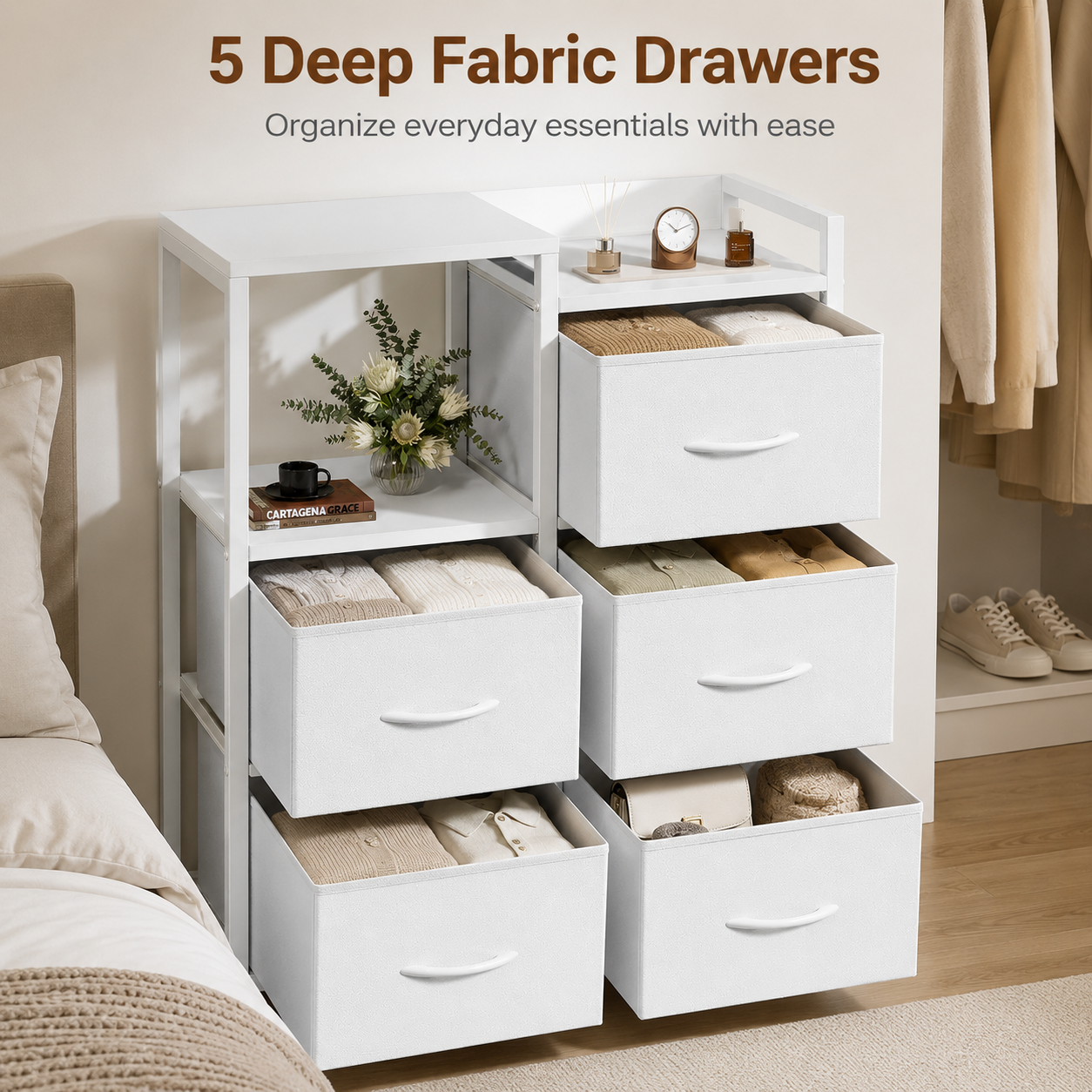 WareBay 5-Drawer Fabric Wardrobe with Double Shelf – Freestanding Bedroom Storage Cabinet