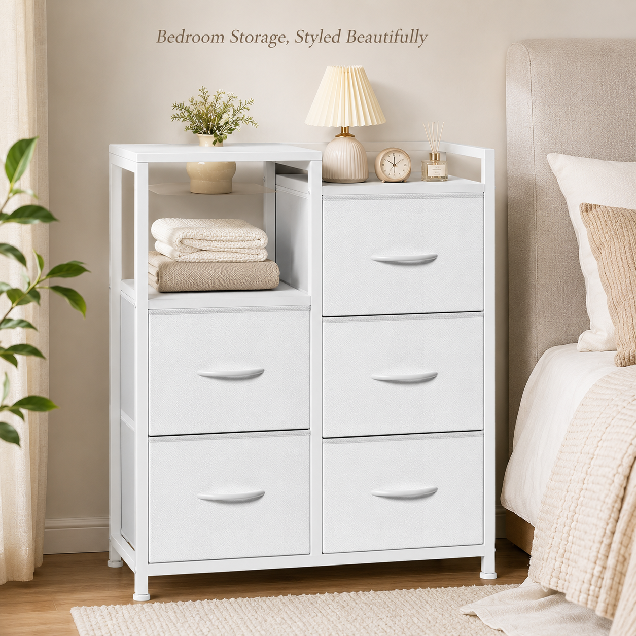WareBay 5-Drawer Fabric Wardrobe with Double Shelf – Freestanding Bedroom Storage Cabinet