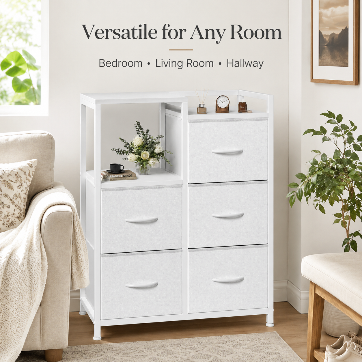 WareBay 5-Drawer Fabric Wardrobe with Double Shelf – Freestanding Bedroom Storage Cabinet